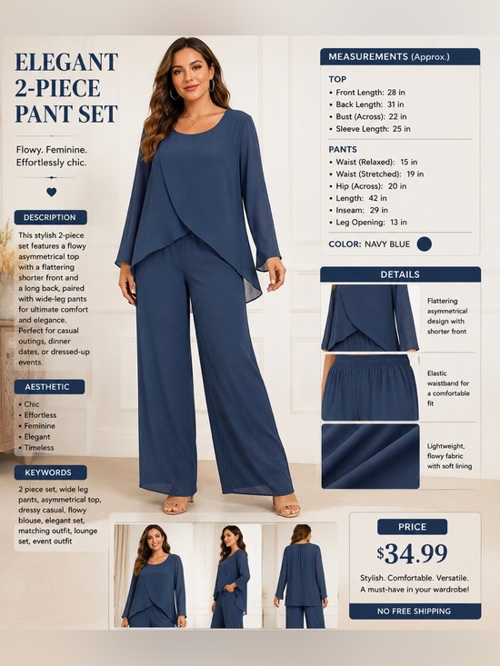 No brand Pants - Flowing Layered Chiffon Trousers Set - Dusty Blue